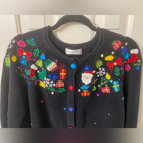 Mandal Bay Festive Black Holiday Cardigan with Colorful Embellishments Size XL - Picture 5 of 16